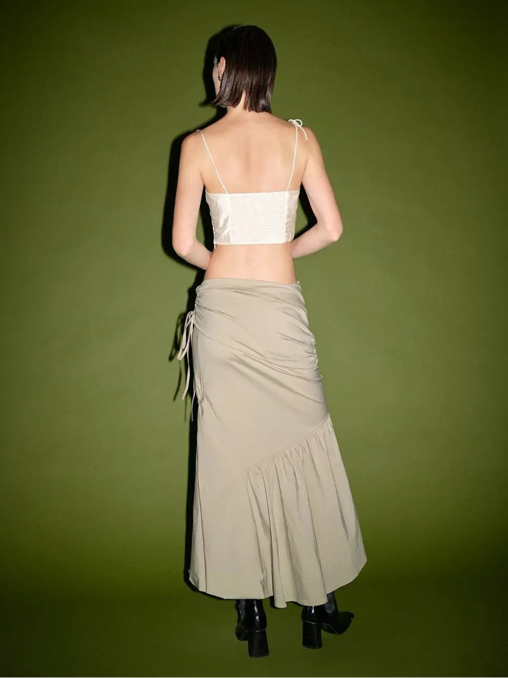 Ruched Split Hem Fishtail Cotton Midi Skirt - Picture 3 of 6